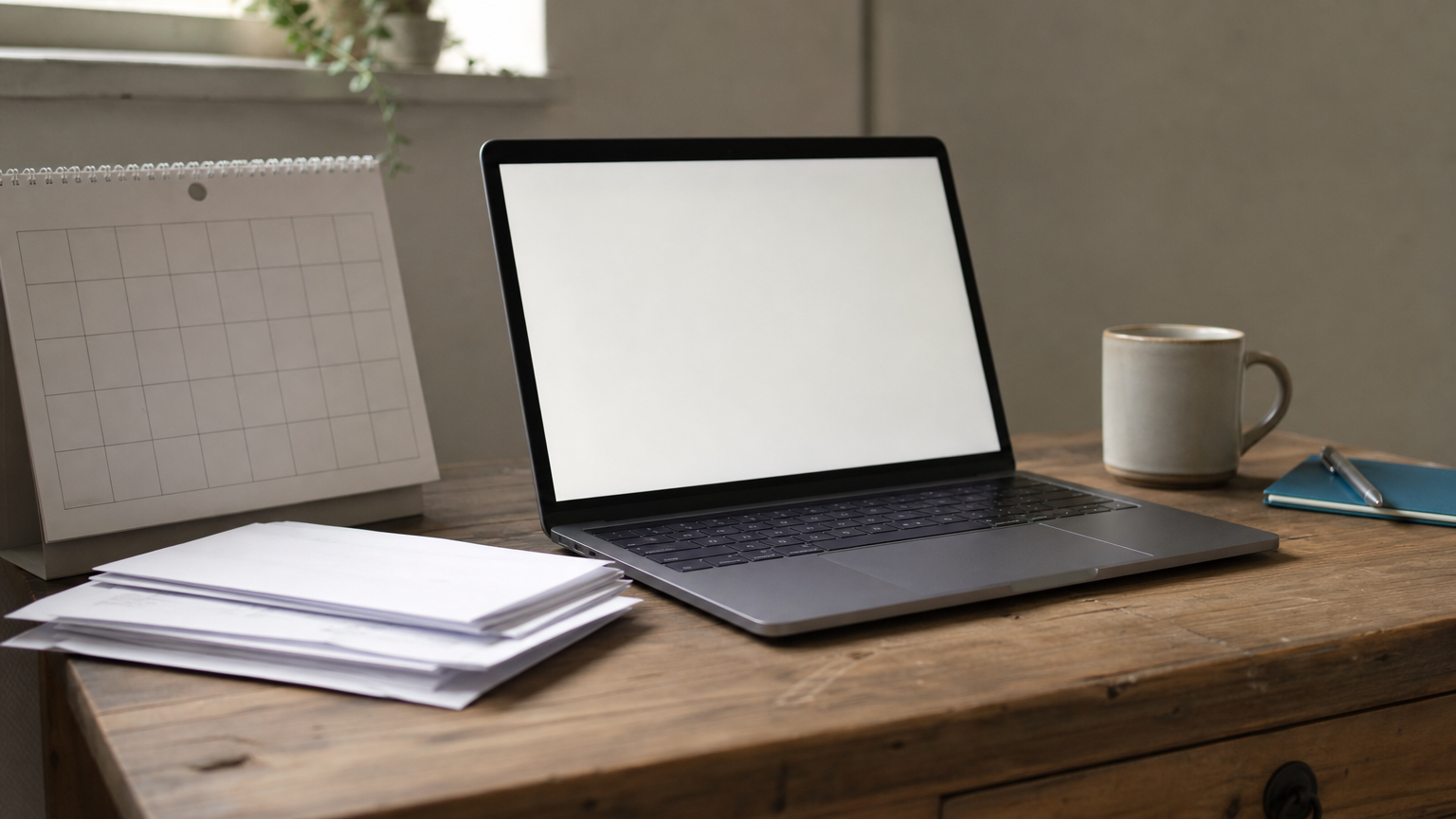 A desk holding a laptop with a spreadsheet, a calendar page, and a stack of invoices beside a coffee mug.