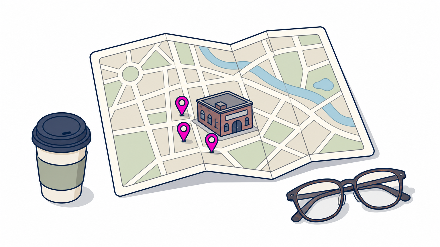 A folded street map with three red pins clustered near a brick venue building, beside a coffee cup and glasses.