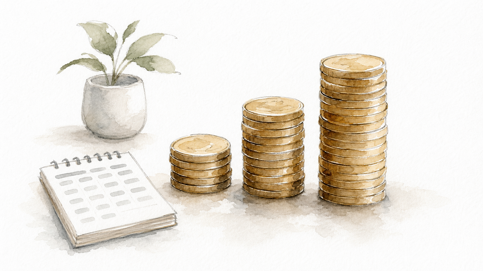 Three coin stacks of rising height on a table beside a small paper calendar.