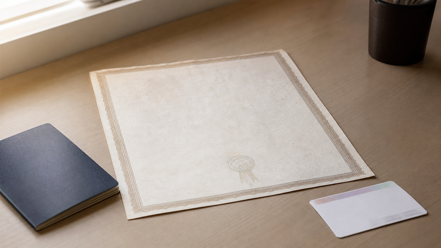 A degree certificate, passport booklet and Aadhaar card arranged together on a desk.