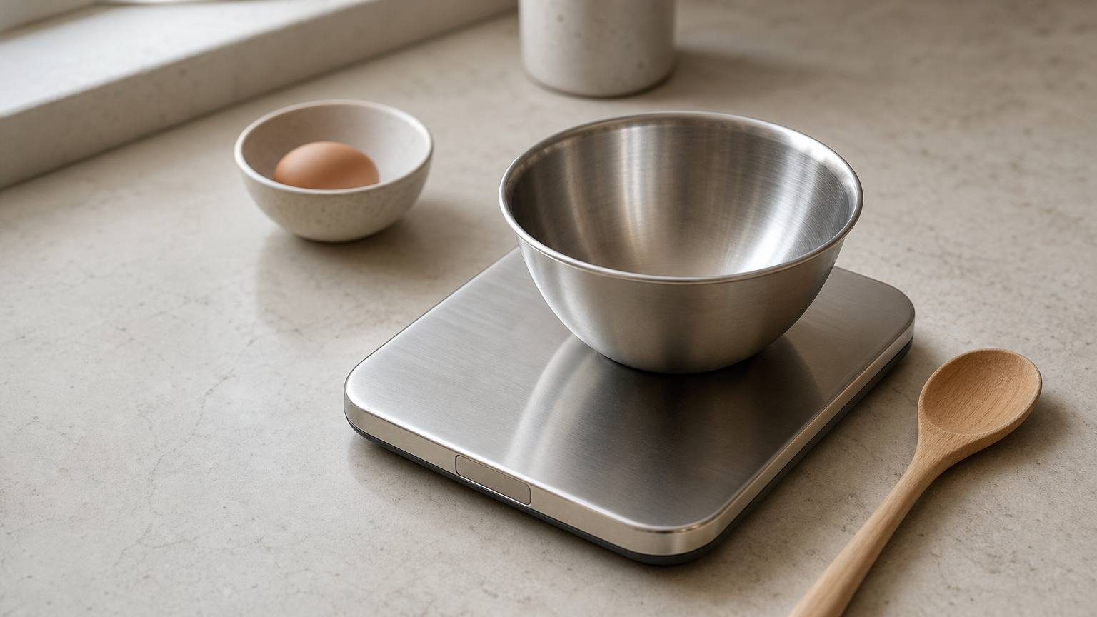 A stainless steel kitchen scale with a mixing bowl resting on its platform beside a wooden spoon.