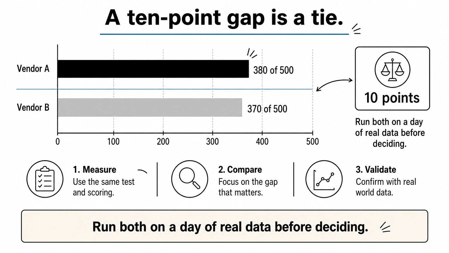 A bar chart comparing Vendor A at 380 and Vendor B at 370 out of 500, with a callout that a ten-point gap is a tie.