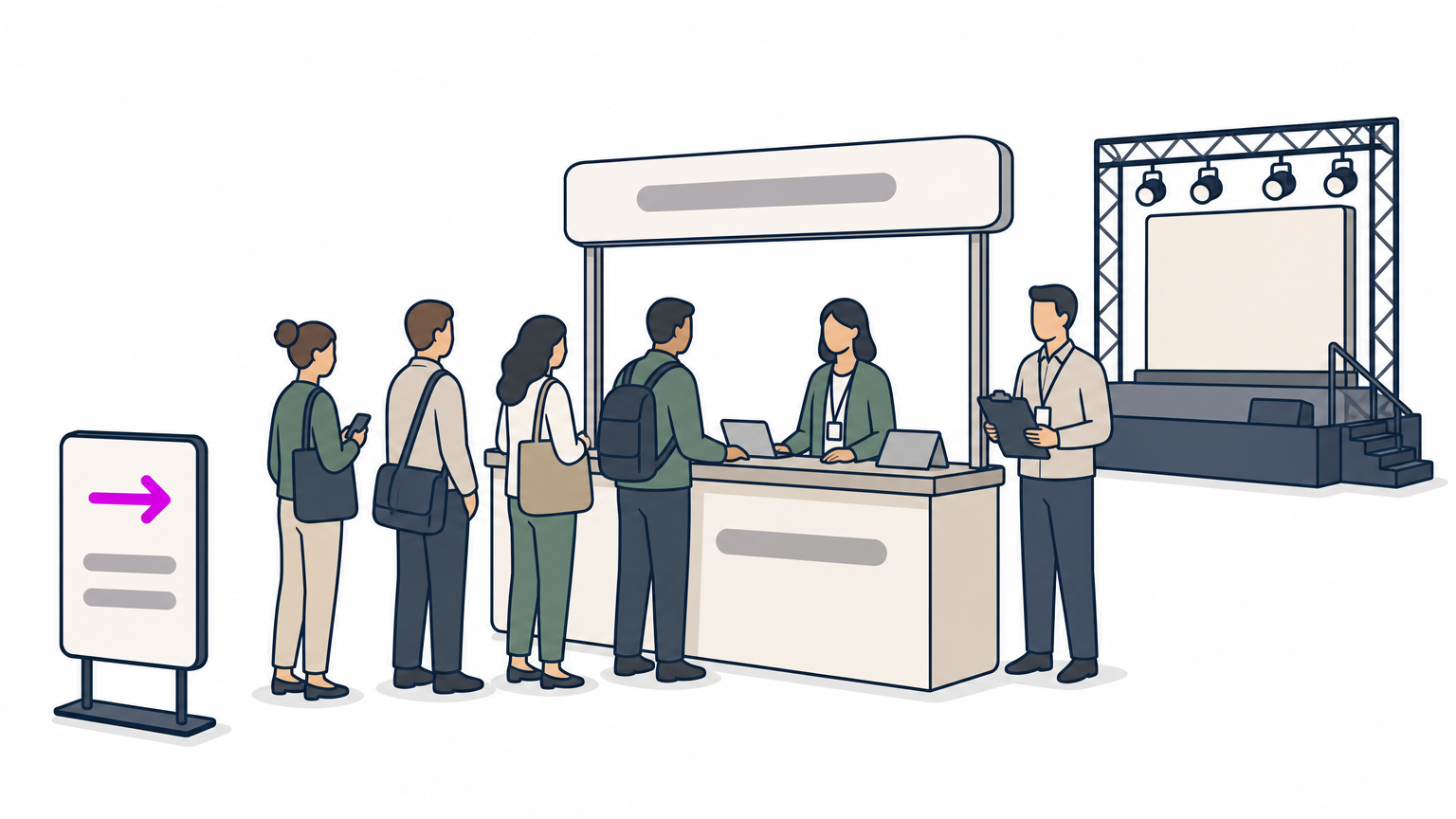 Attendees queue at a trade show check-in desk while a staff member with a clipboard stands nearby.