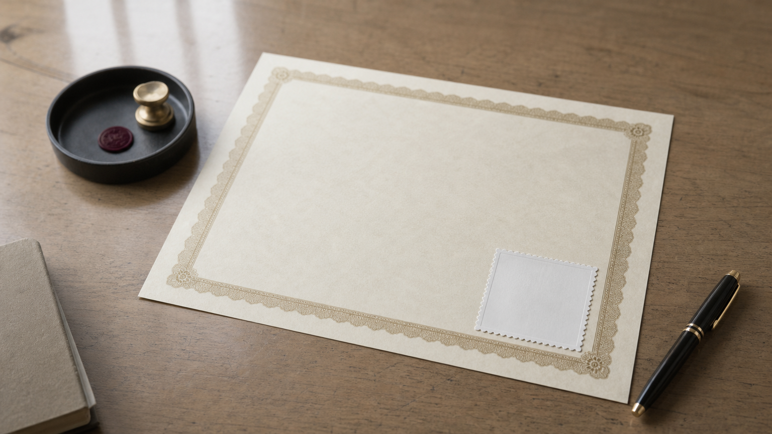 A degree certificate with a blank square sticker on its lower corner and a pen beside it.