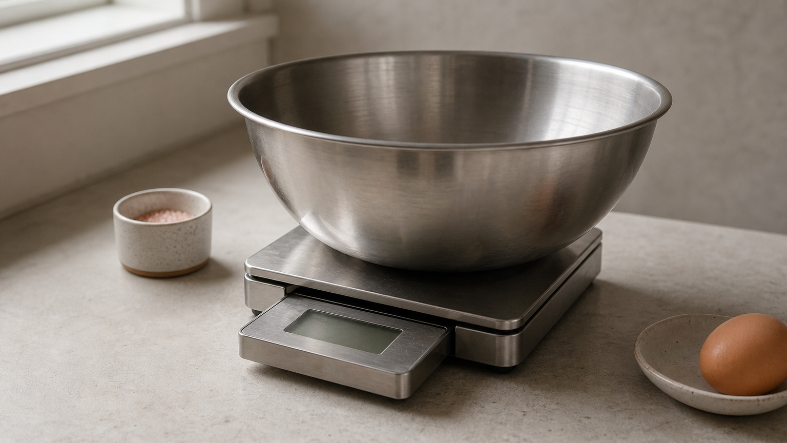 A stainless steel scale with its display arm pulled out beside a large mixing bowl on the platform.
