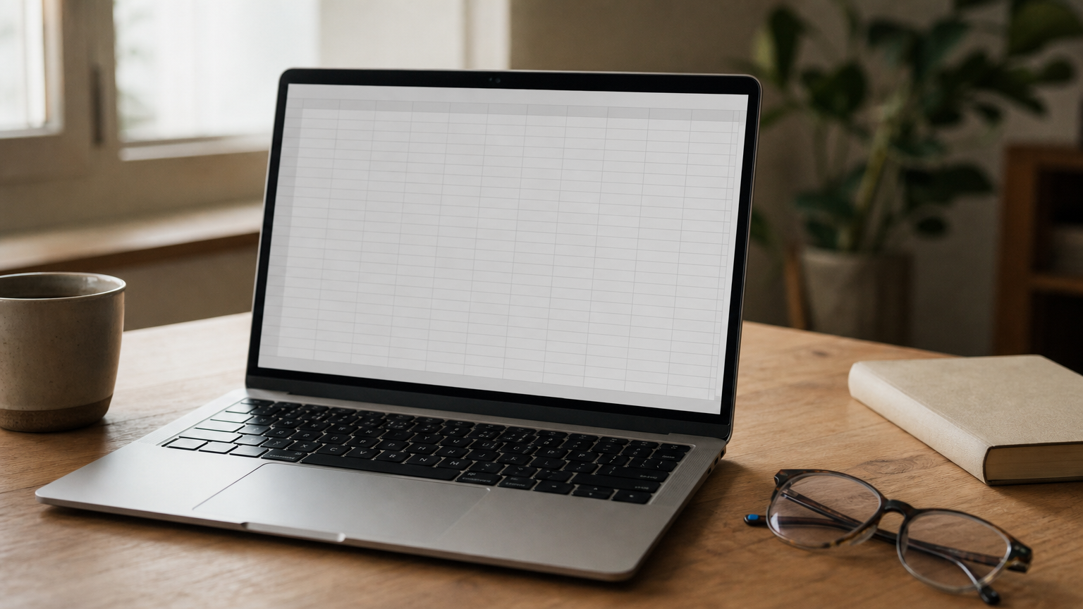 An open laptop displays a spreadsheet grid beside reading glasses and a coffee mug on a desk.
