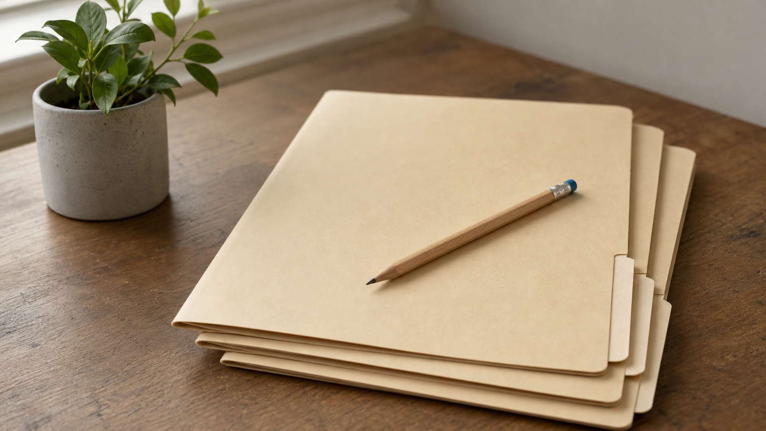 Three stacked manila folders sit on a desk with a pencil across the top and a plant beside them.