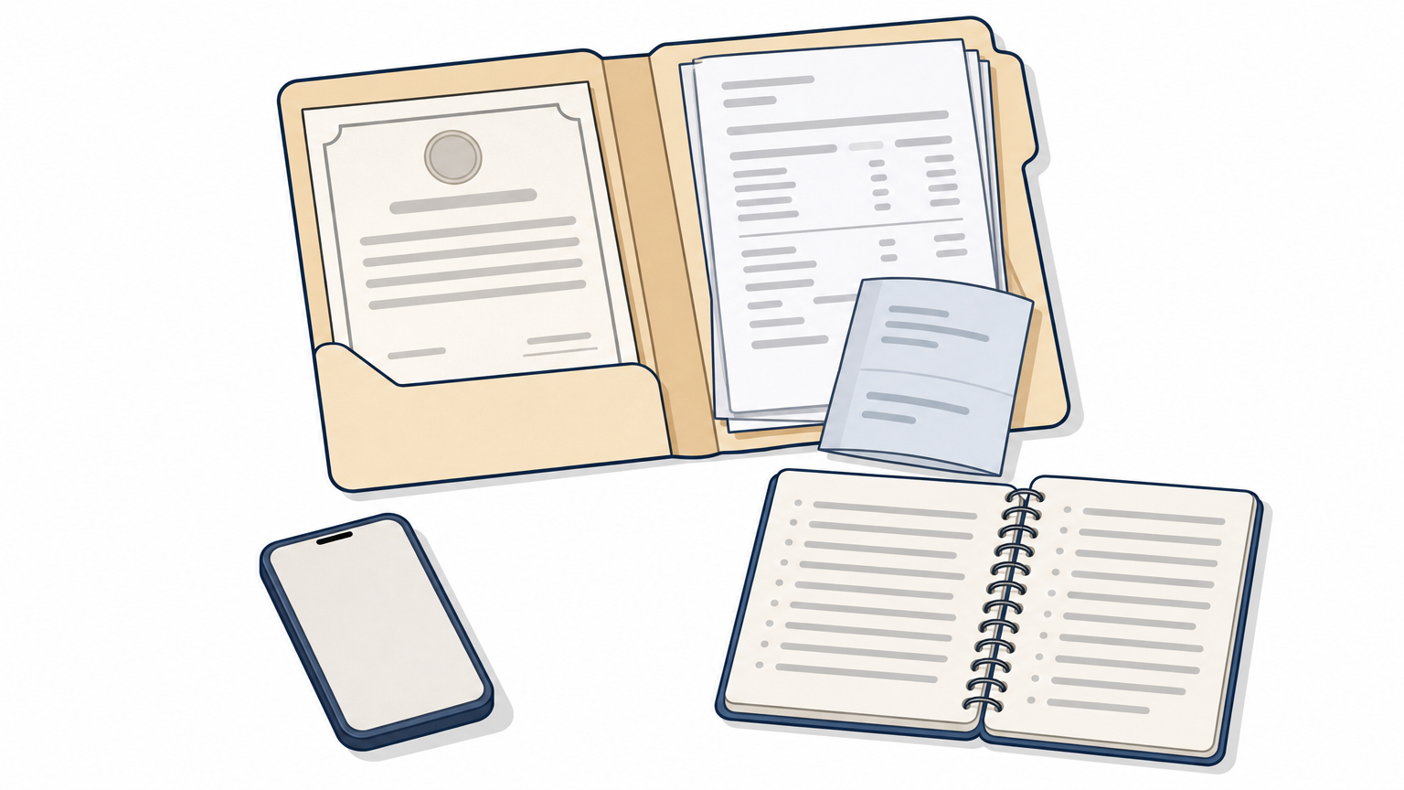 An open folder of documents sits beside a phone and a notebook with dated entries on a desk.