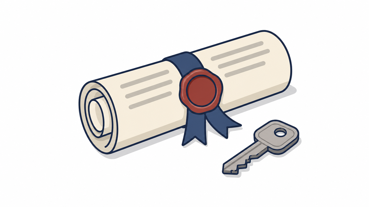 A rolled court order sealed with wax lies on a table next to a house key.