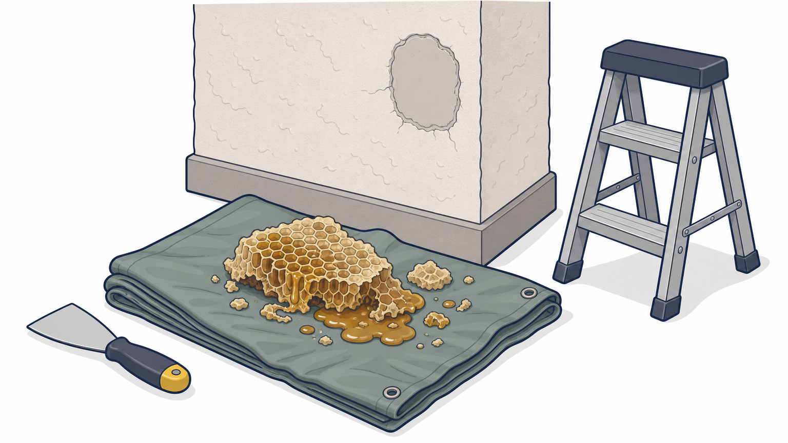 Honeycomb lies on a tarp beside a ladder, next to a house wall where the opening has just been sealed.