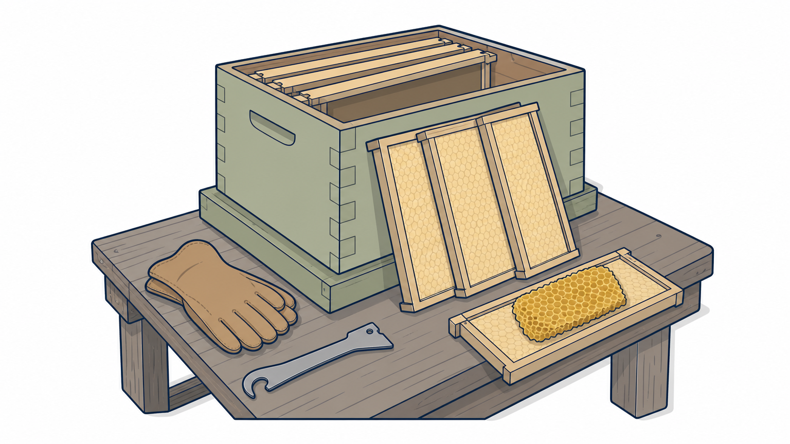 An open wooden hive box holds comb-covered frames on a shed bench beside gloves and a hive tool.