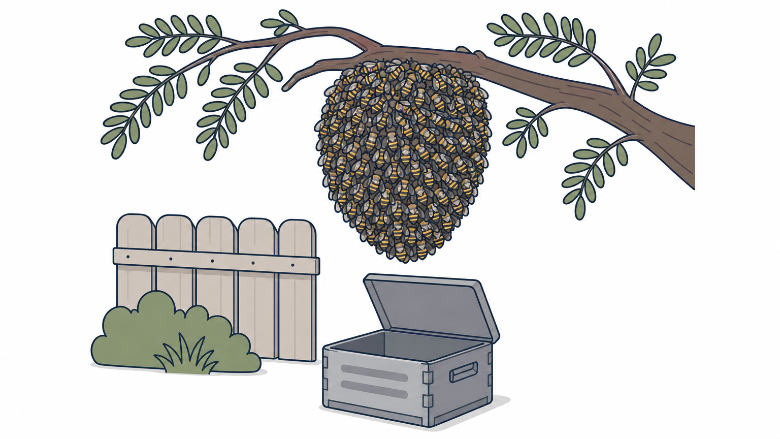 A football-sized swarm of honey bees hangs from a low mesquite branch above an open collection box.