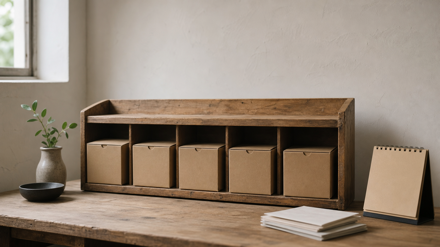 A shop shelf with cardboard boxes, a desk calendar, and a stack of invoices, suggesting a fixed monthly plan.
