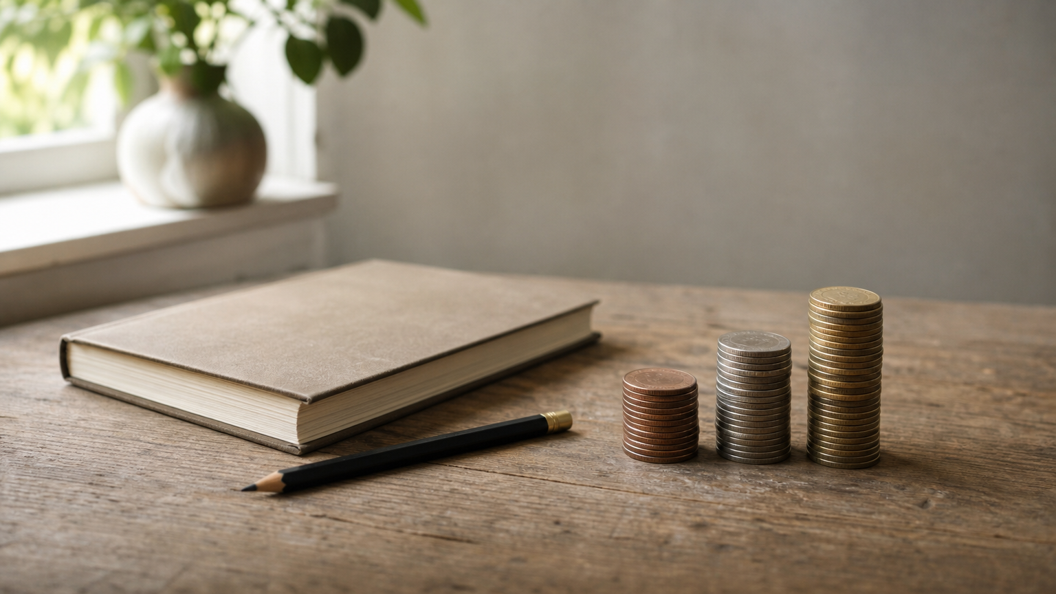 Three coin stacks of increasing height beside a closed ledger and a pencil, representing rising SEO costs.
