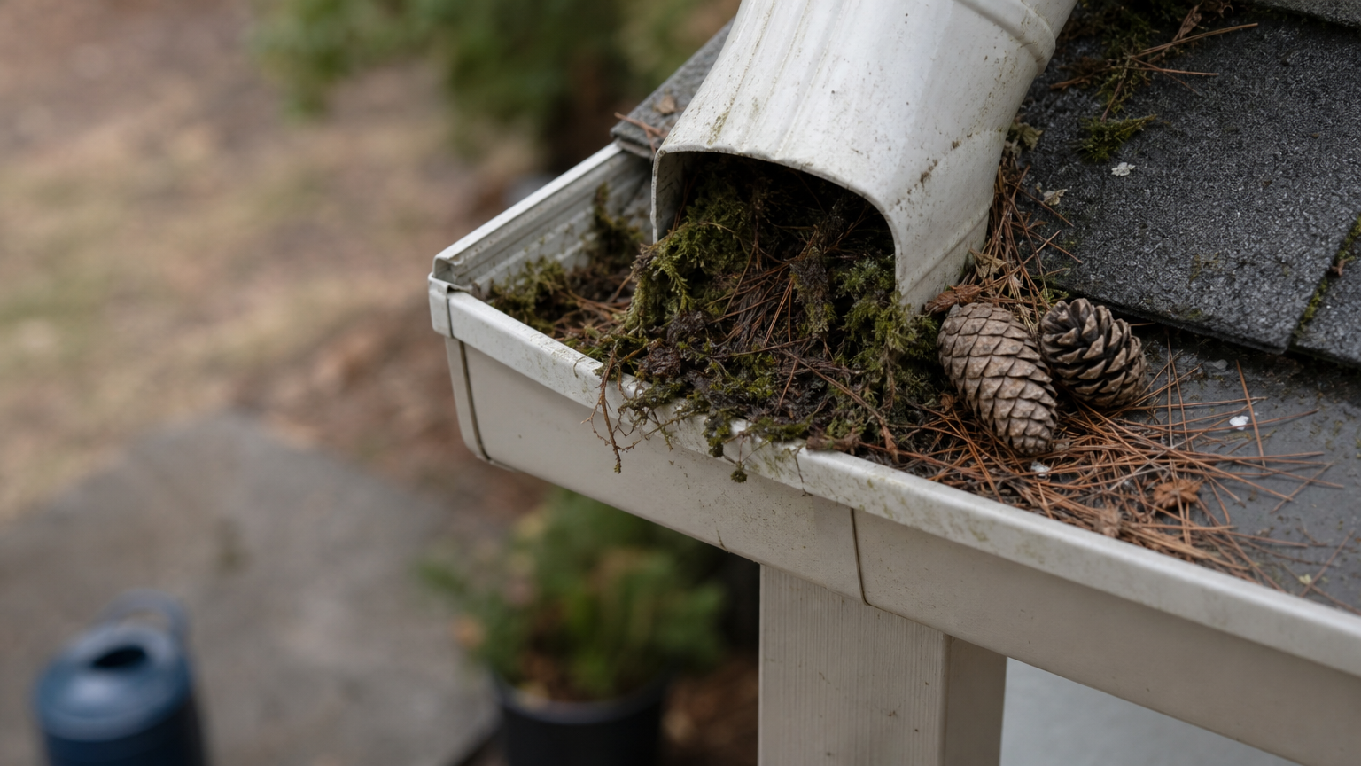 A downspout packed with wet moss and needles, with pine cones resting on the gutter beside it.