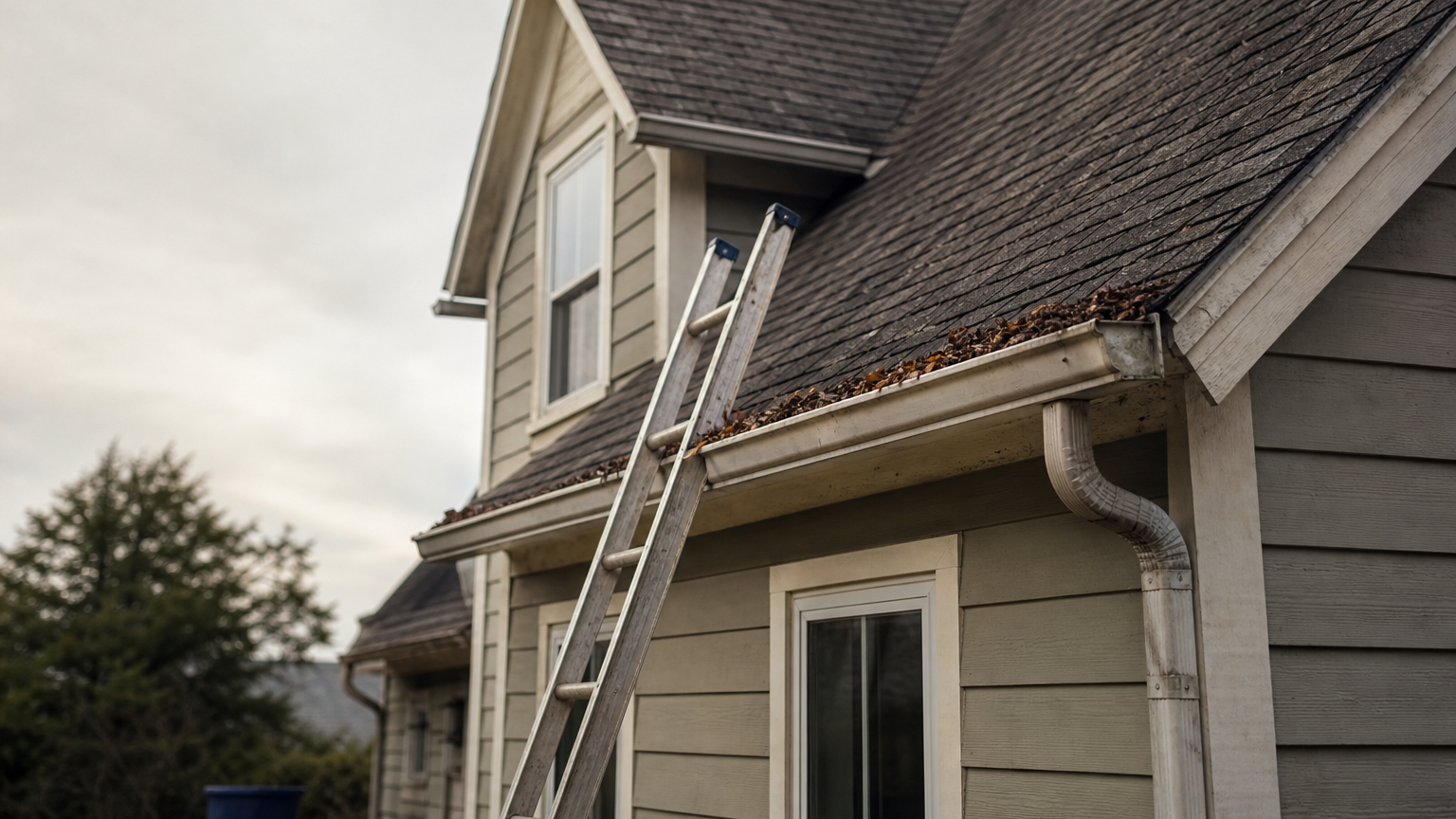 A two-story house with a steep roof, a ladder against the eave, and a gutter full of wet leaves.