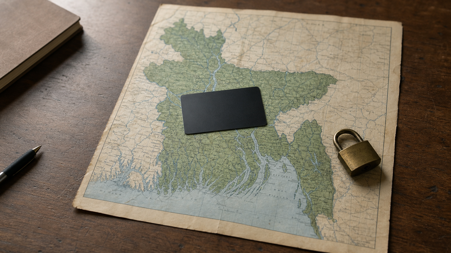 A gift card lies on a paper map of Bangladesh beside a small padlock.