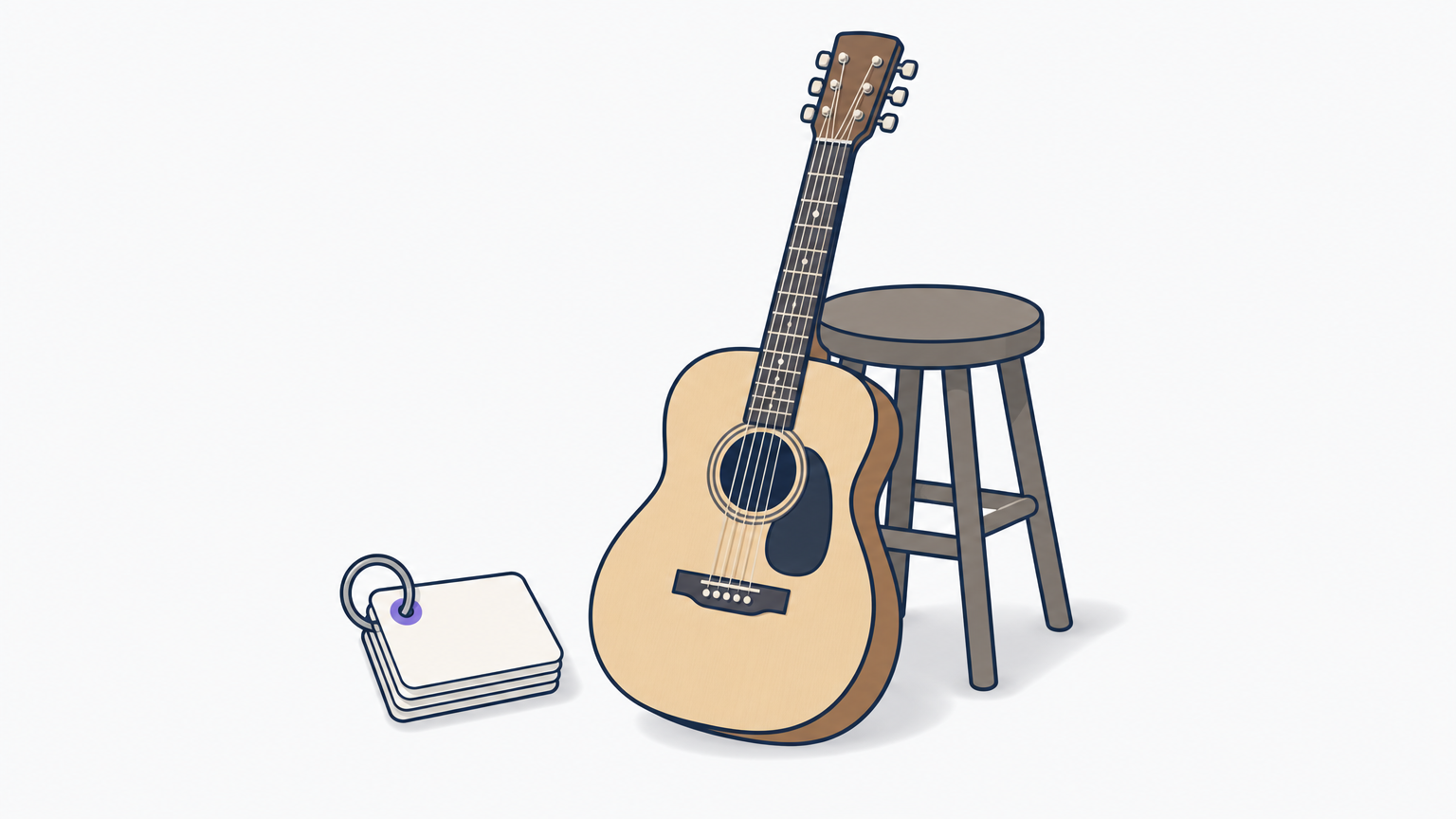 A guitar leaning on a stool beside a stack of blank index cards bound by a key ring.