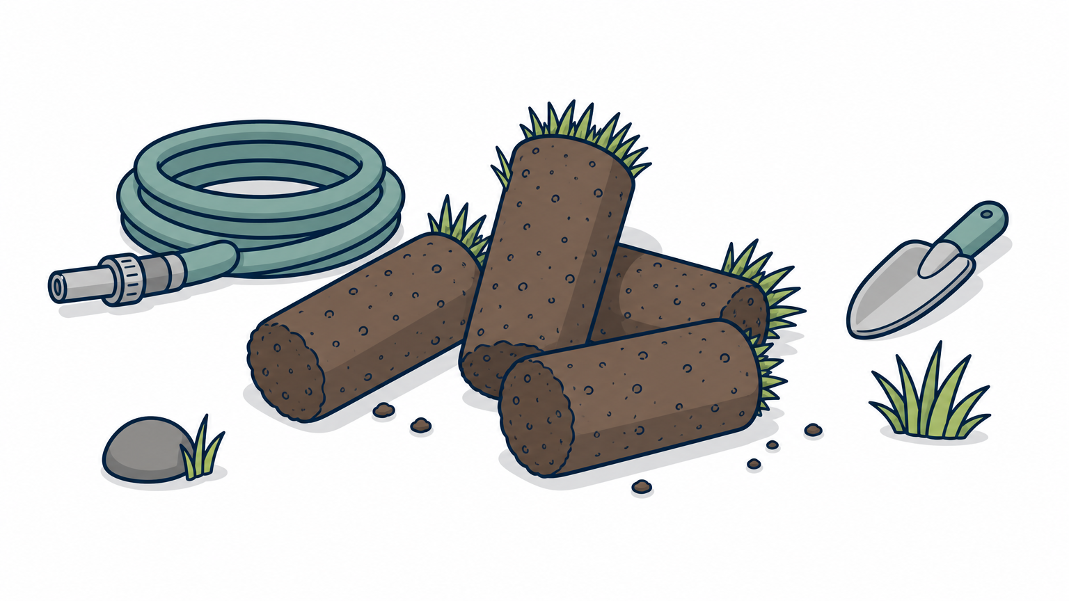 Cylindrical soil plugs lying on a patch of green turf beside a coiled garden hose.