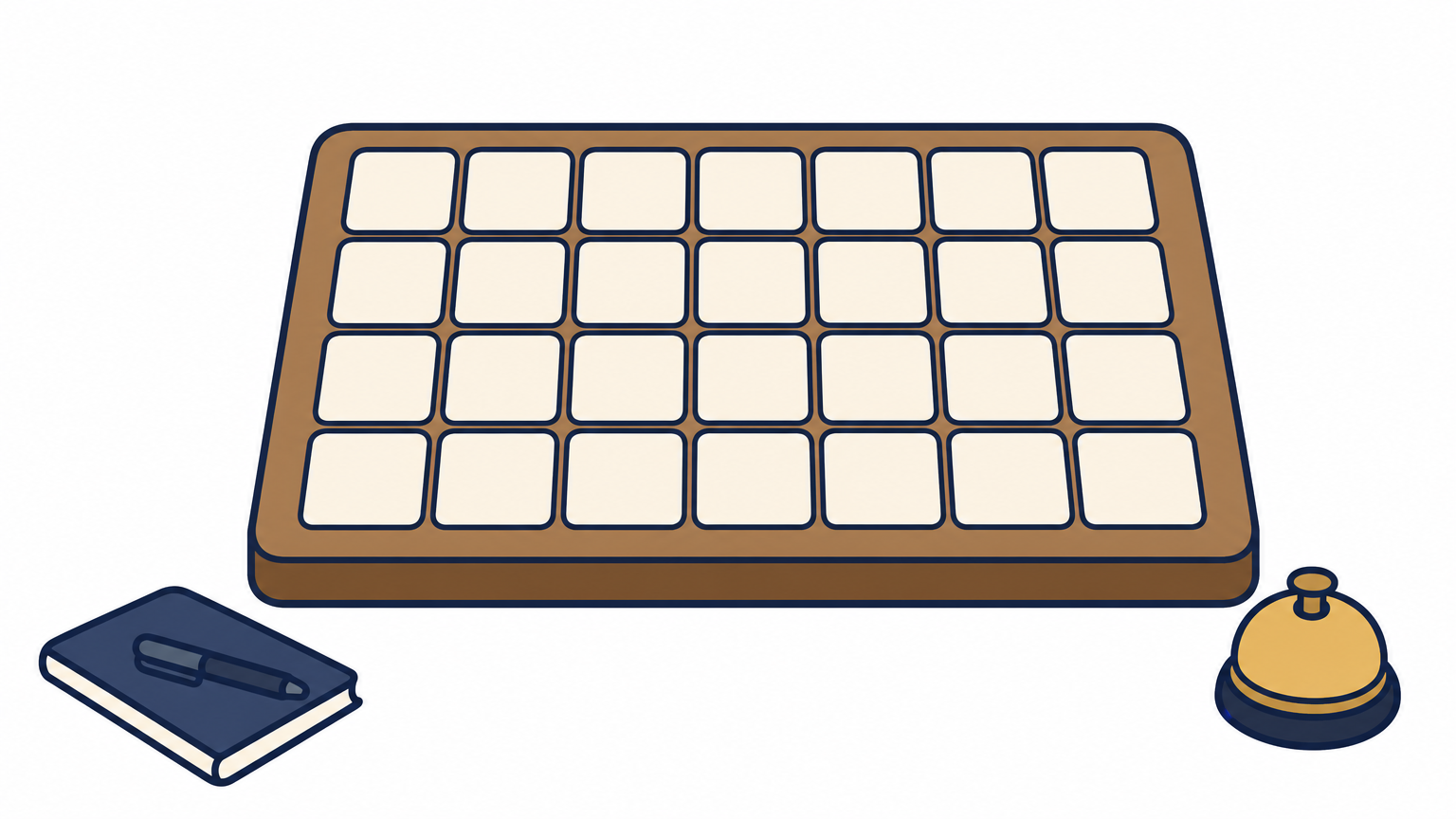 A grid of twenty-eight ceramic tiles arranged in four rows of seven on a desk.