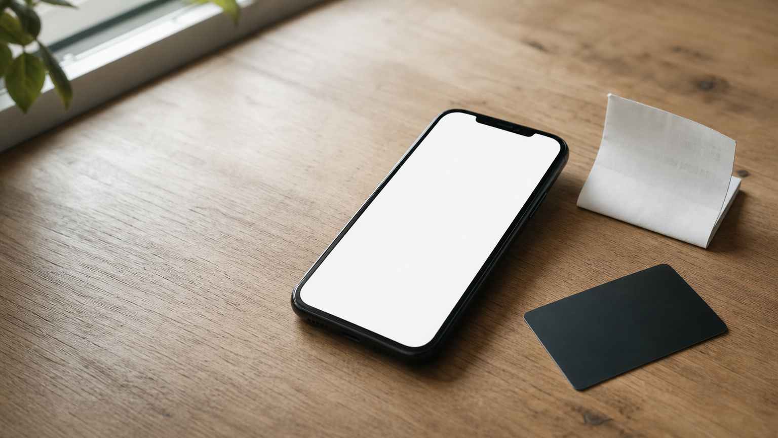 A phone with a blank confirmation screen sits beside a receipt and a gift card.