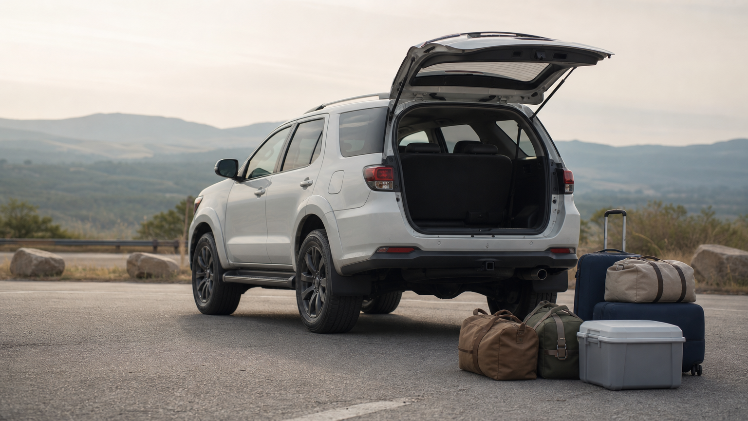 A Toyota Fortuner SUV parked at a roadside stop with its rear open and luggage stacked beside it.