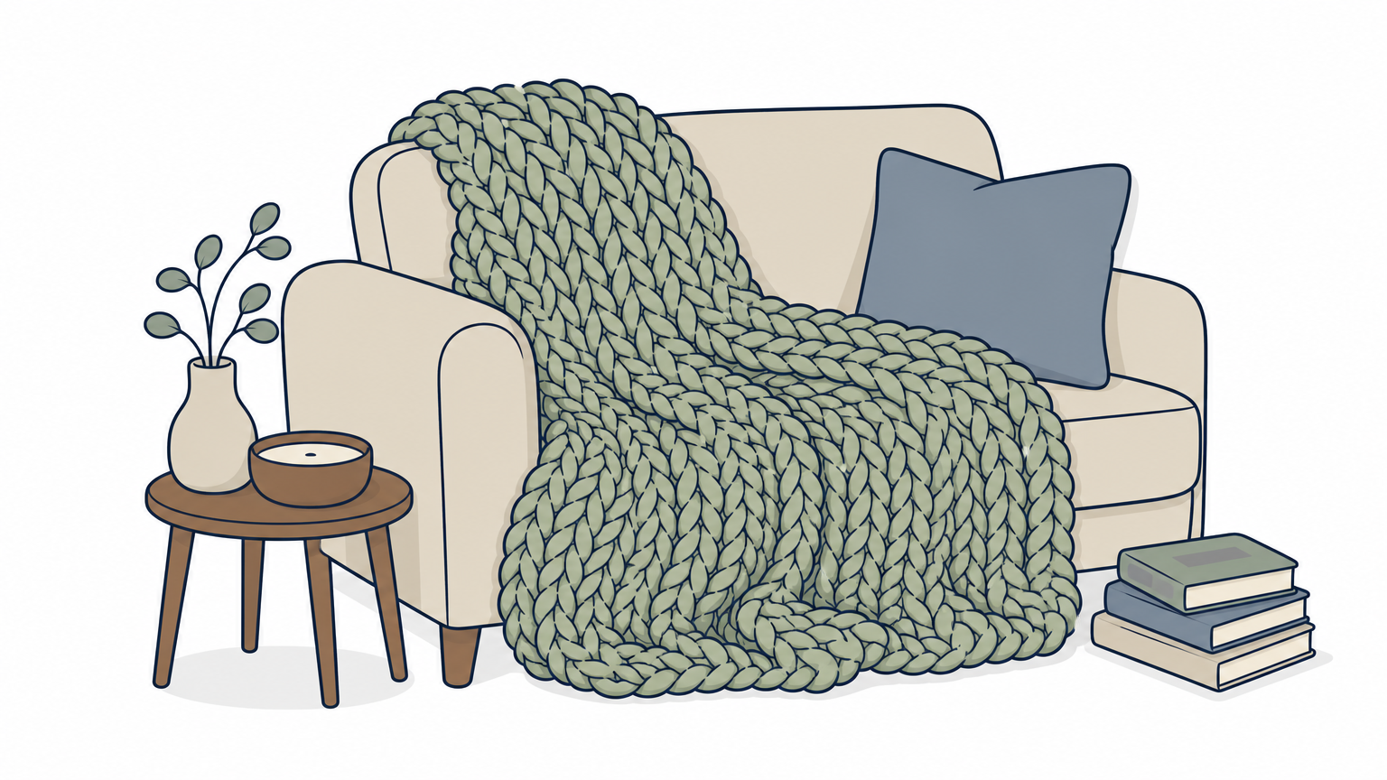 A chunky knit throw pooled in the corner of a sofa, with its thick loose stitches showing.