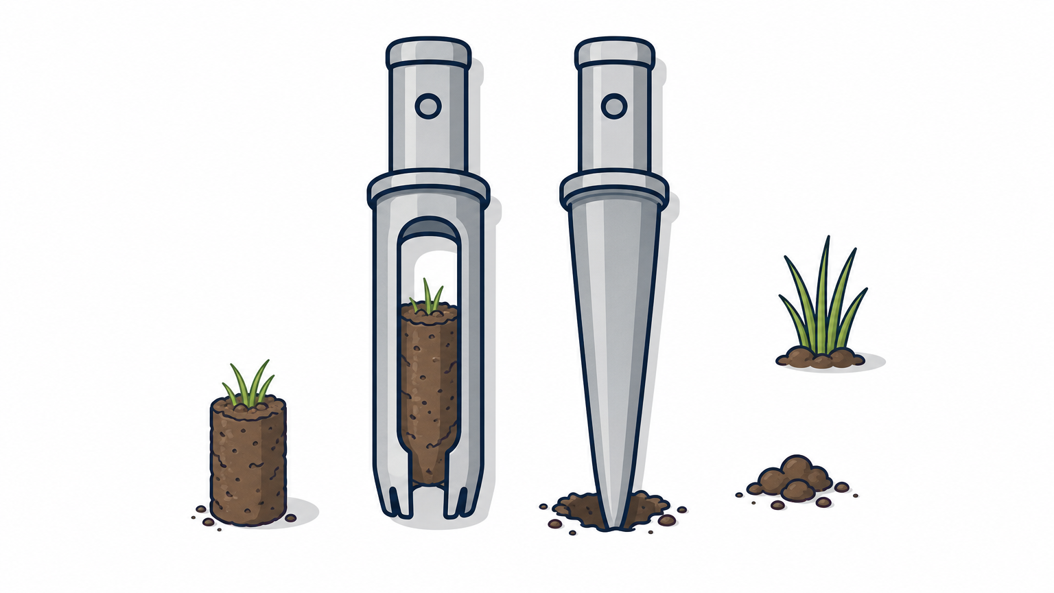 A hollow core tine lifting a soil plug next to a solid spike entering the soil.