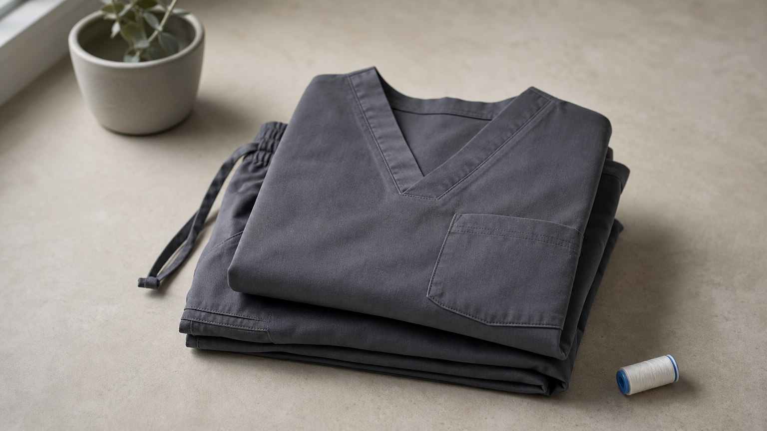 A folded scrub top and drawstring pants lie together with a spool of white thread beside them.
