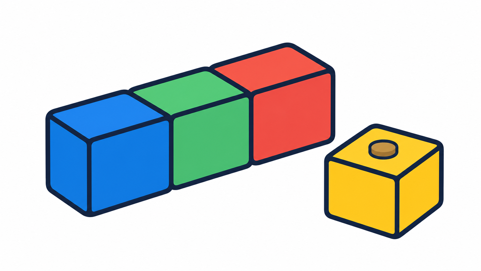 Three wooden blocks joined in a chain, with a fourth block resting apart beside them.