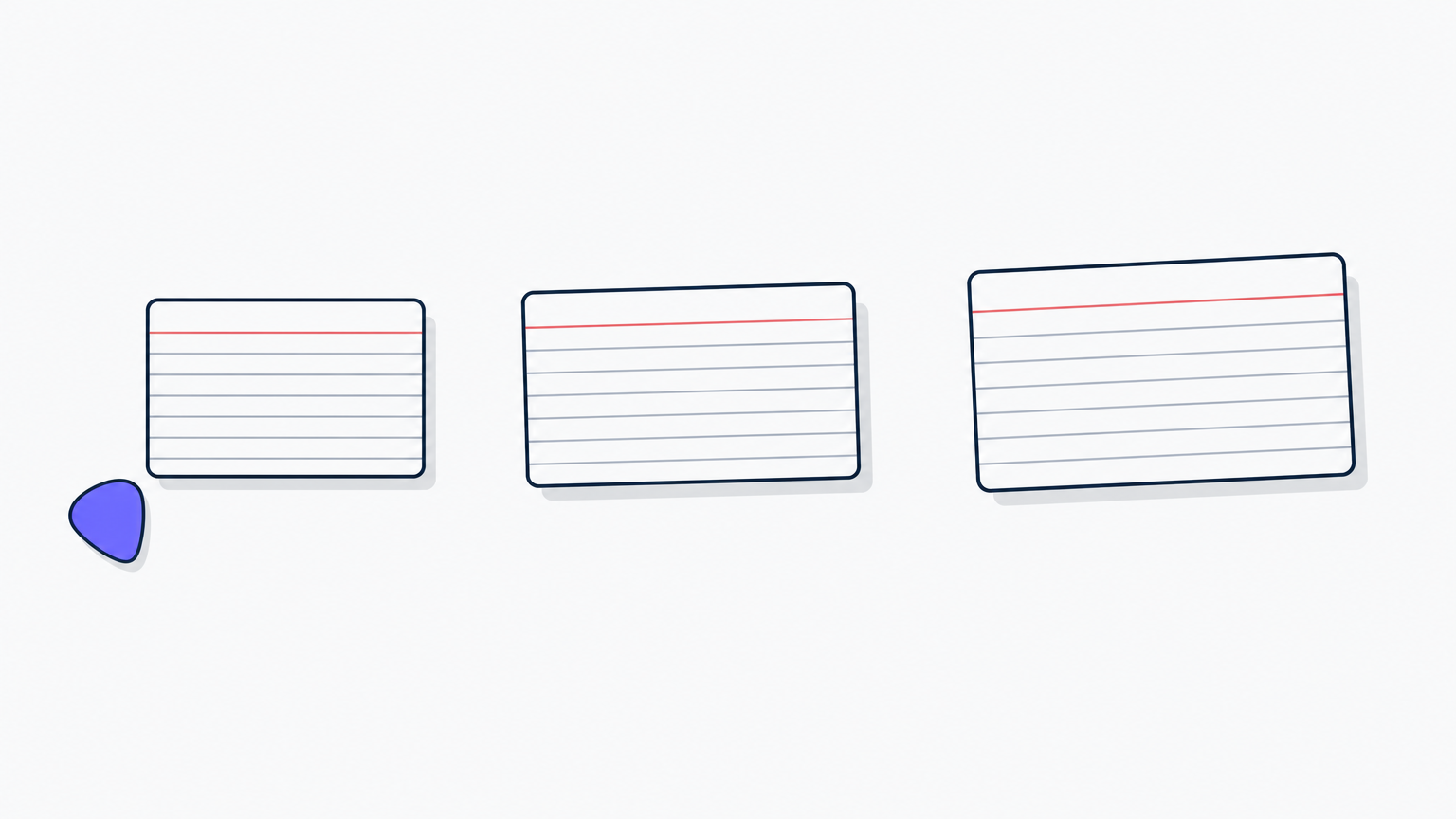 Three index cards laid in a row on a table, each spaced farther from the one before, with a guitar pick beside the first.