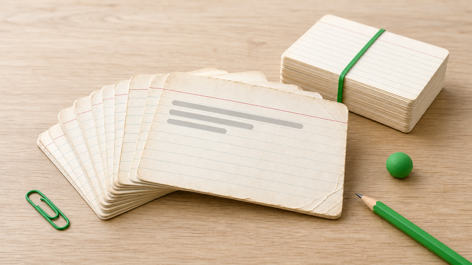 A fanned row of index cards on a desk, with the most worn card on top, suggesting datasets ranked by how often they are used.