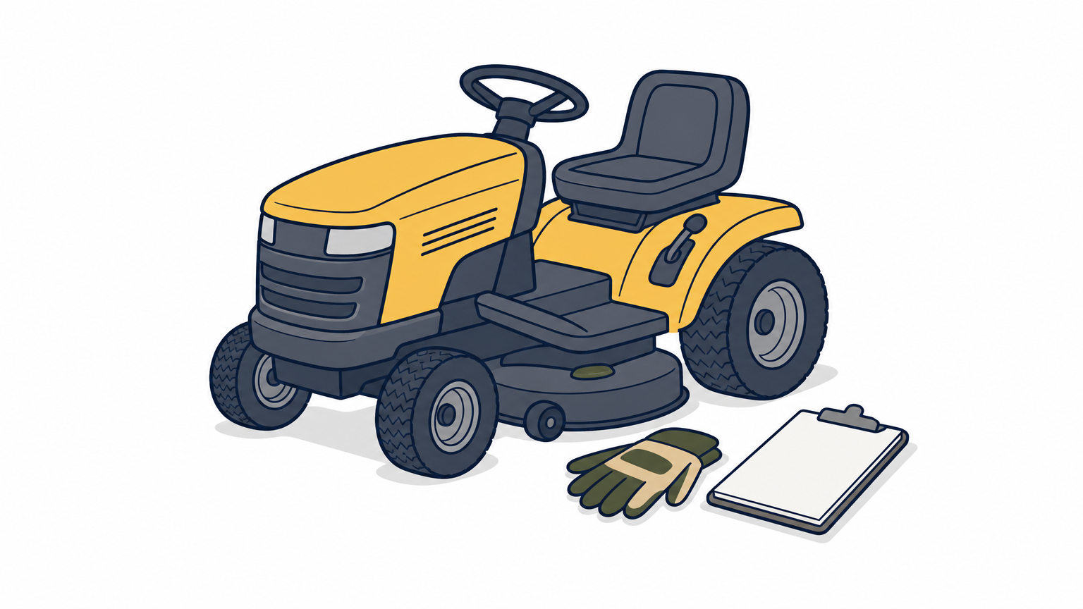 A riding mower parked beside a freshly cut lawn, with work gloves and a clipboard on the grass.