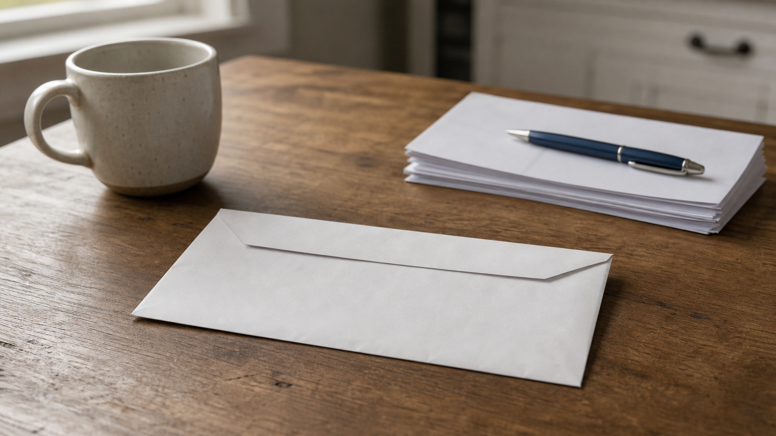 A single envelope on a kitchen table beside a stack of unopened credit card statements and a pen.
