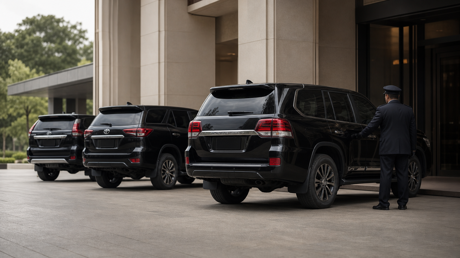 Three armored SUVs parked in a row at a building entrance, with a security driver beside one rear door.