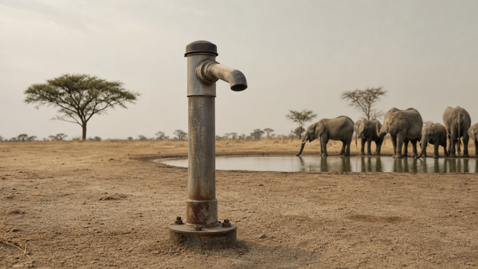 Hwange National Park Elephants: What Makes the Herds So Big Elephants drink at a shallow waterhole beside a metal borehole standpipe on flat, dry ground.