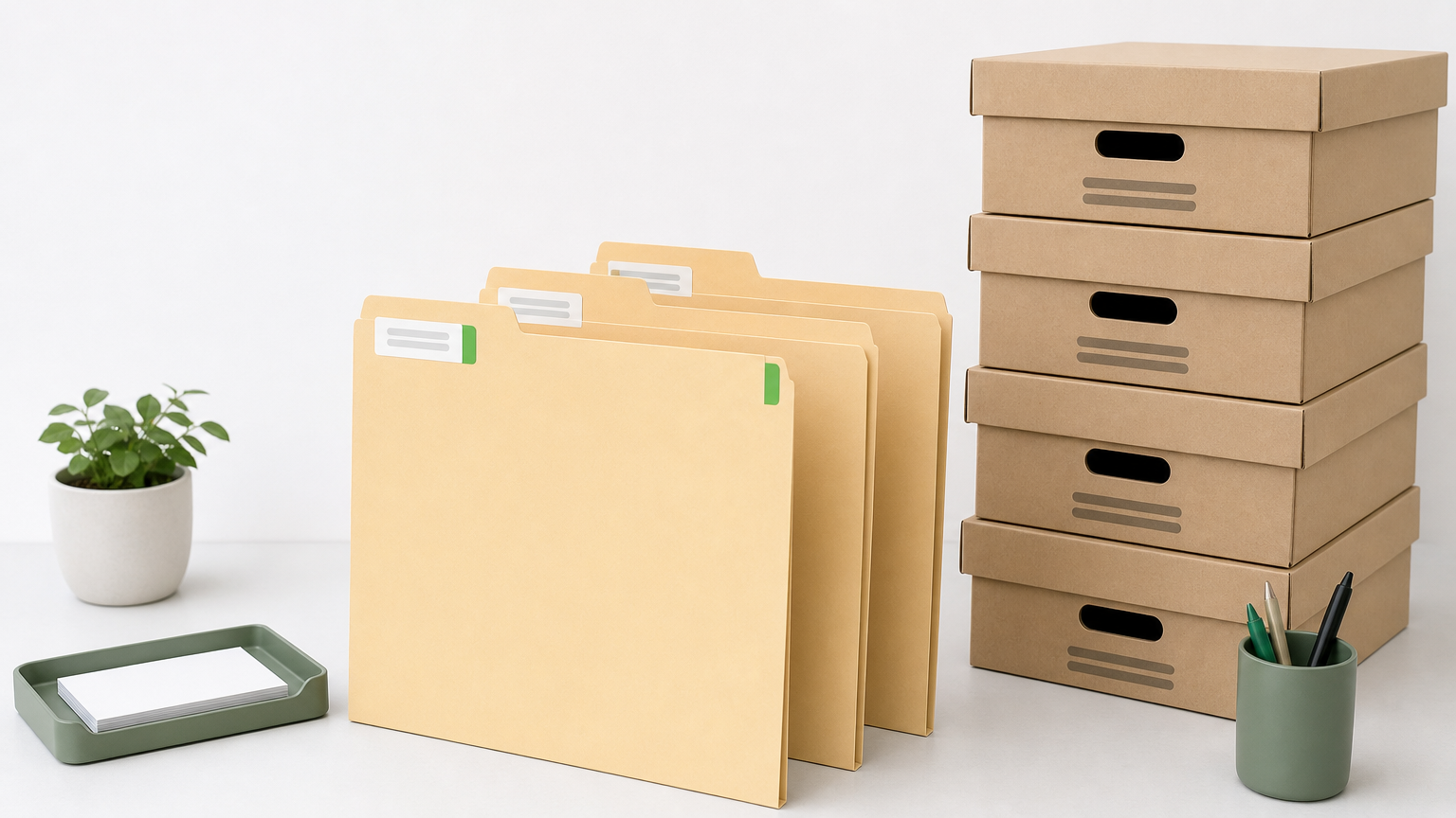 Three manila folders with small tags stand on a desk beside a tall stack of file boxes.