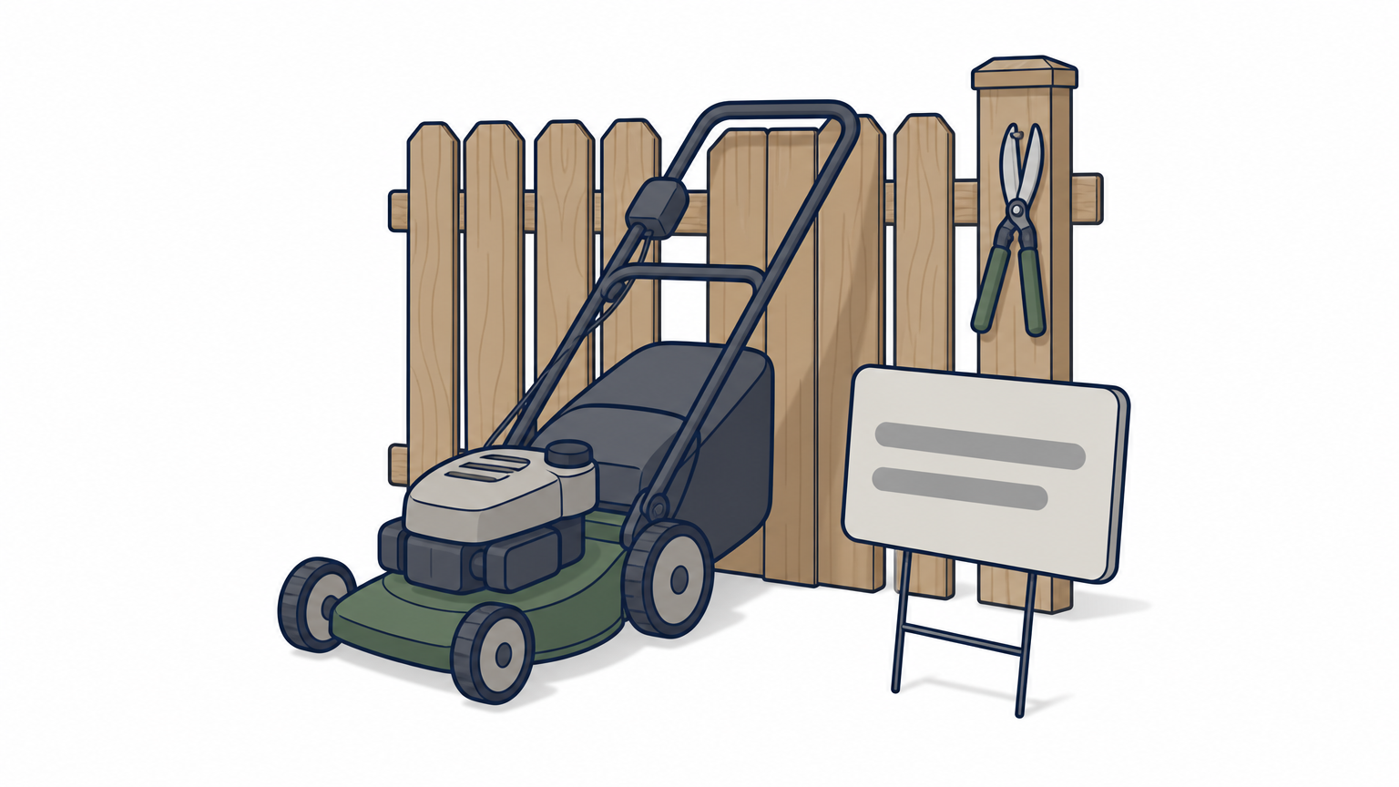 A push mower leaning against a fence next to a yard sign on a wire stake.