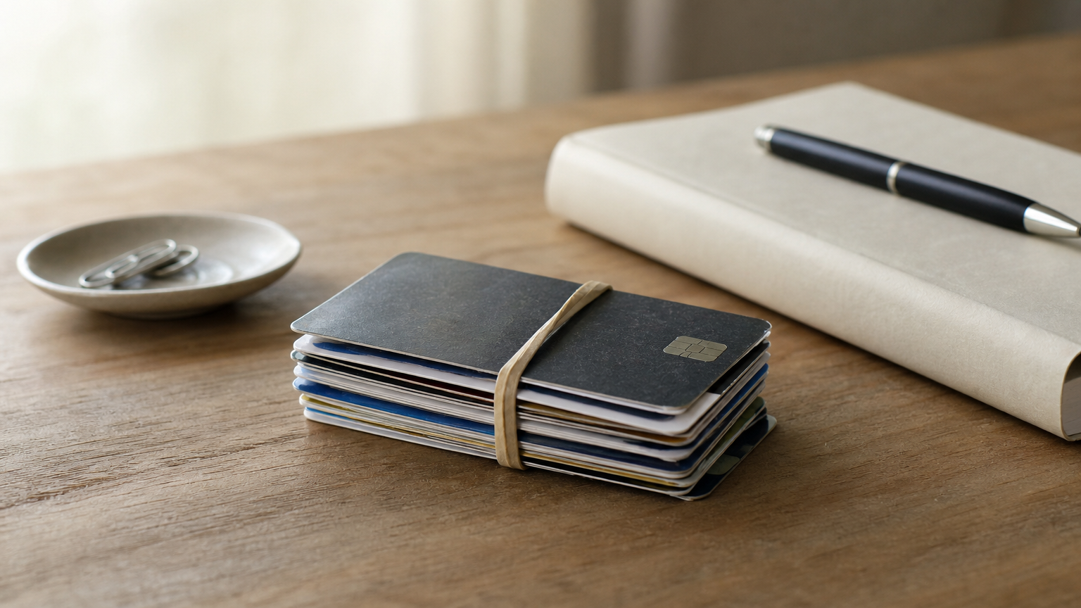Several credit cards bundled with a rubber band beside a single folded loan agreement and a pen.