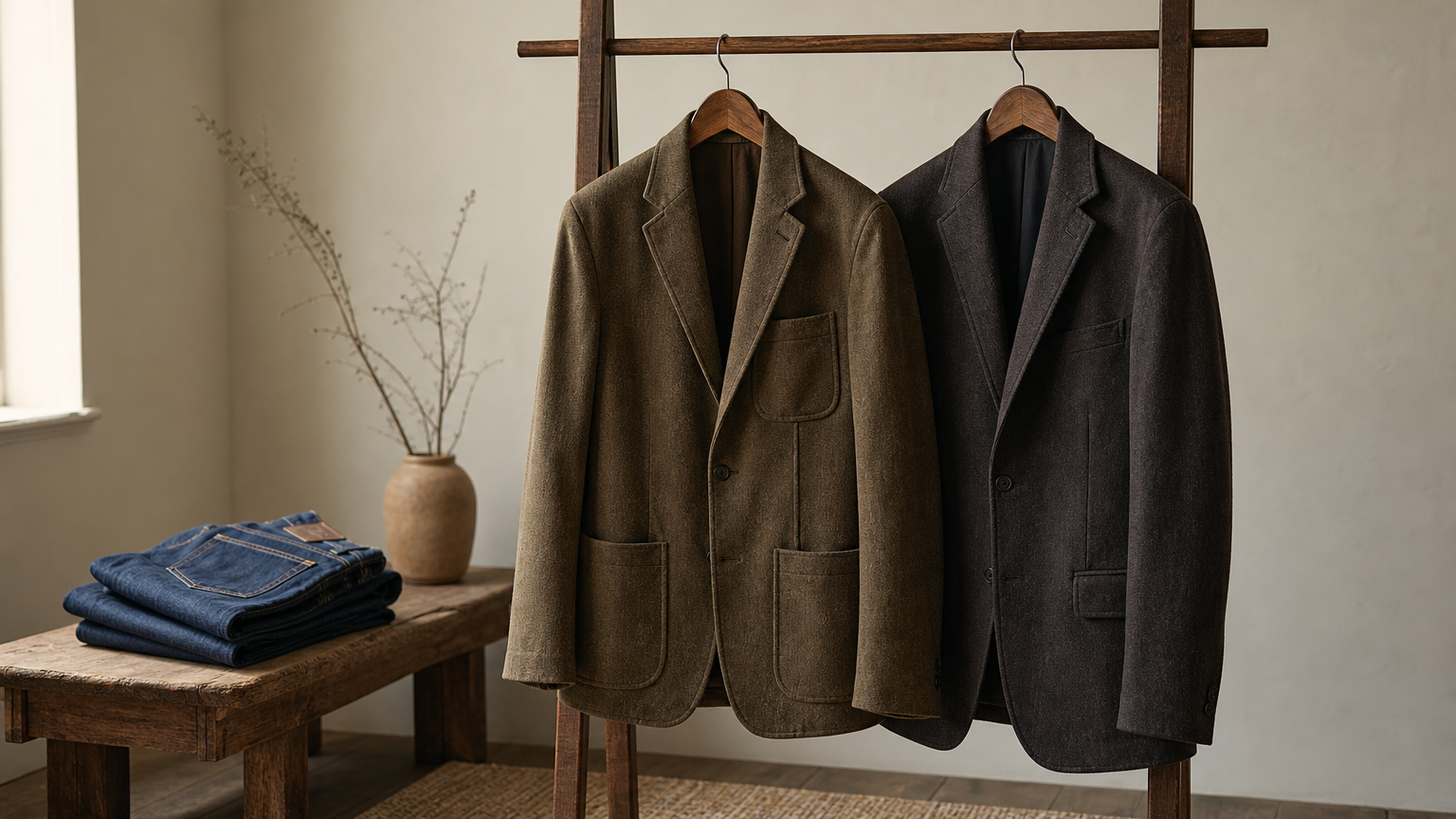 Two sport jackets hang side by side on a wooden rack, with folded jeans on a bench beside them.