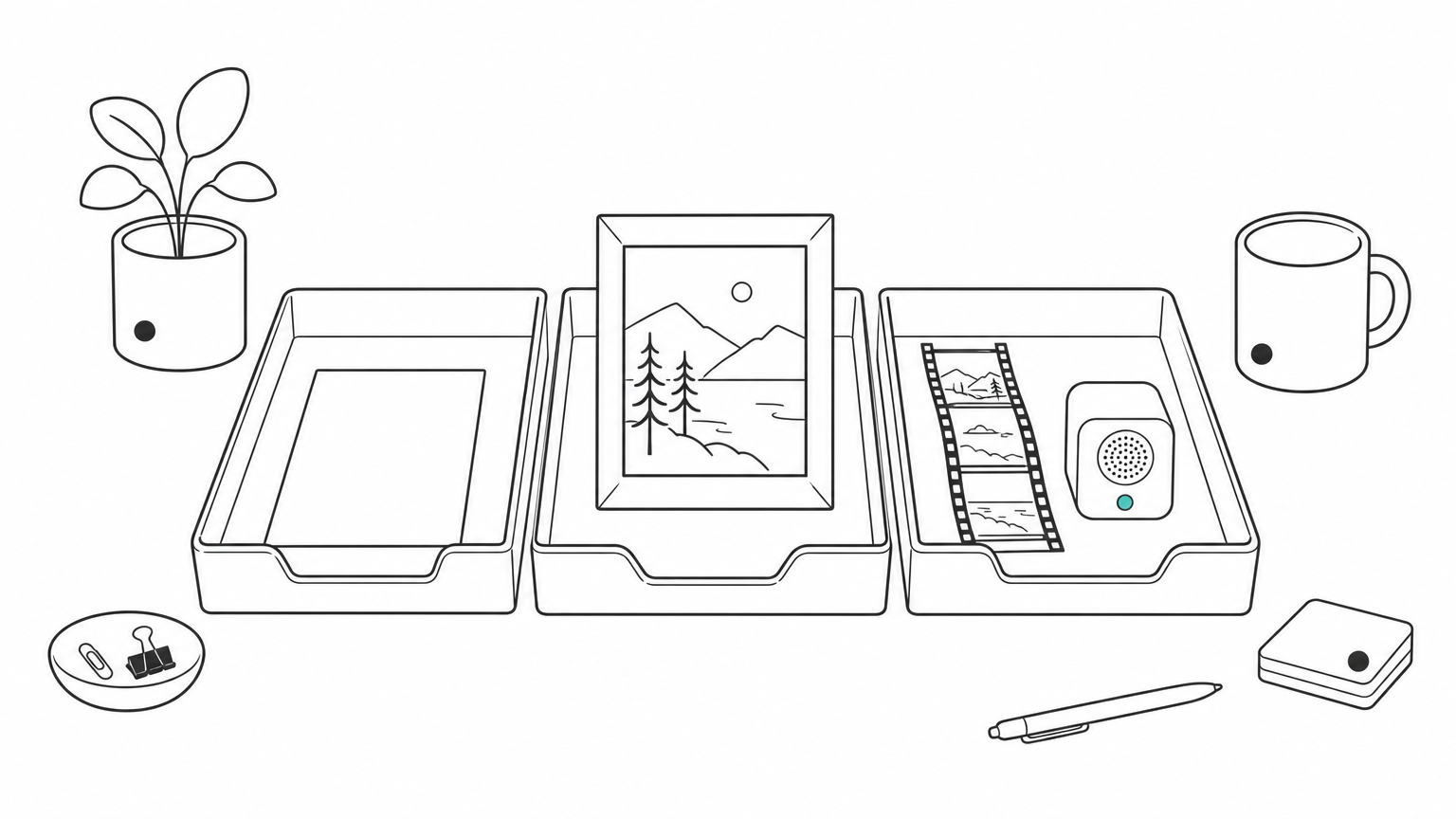 Three trays hold a blank card, a framed photo, and film frames with a speaker, representing text, image, and reference inputs.