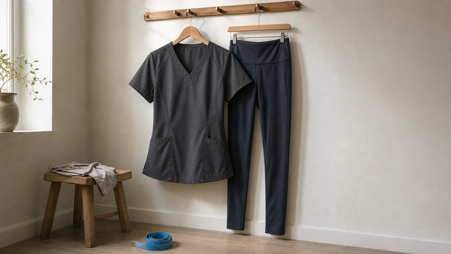 A tailored V-neck scrub top and skinny-leg yoga pants hang side by side with a measuring tape below.