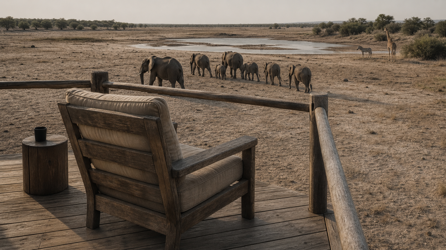 Hwange National Park Elephants: What Makes the Herds So Big Visitors on a raised wooden platform watch elephants, zebra and giraffe approach a shallow pan.