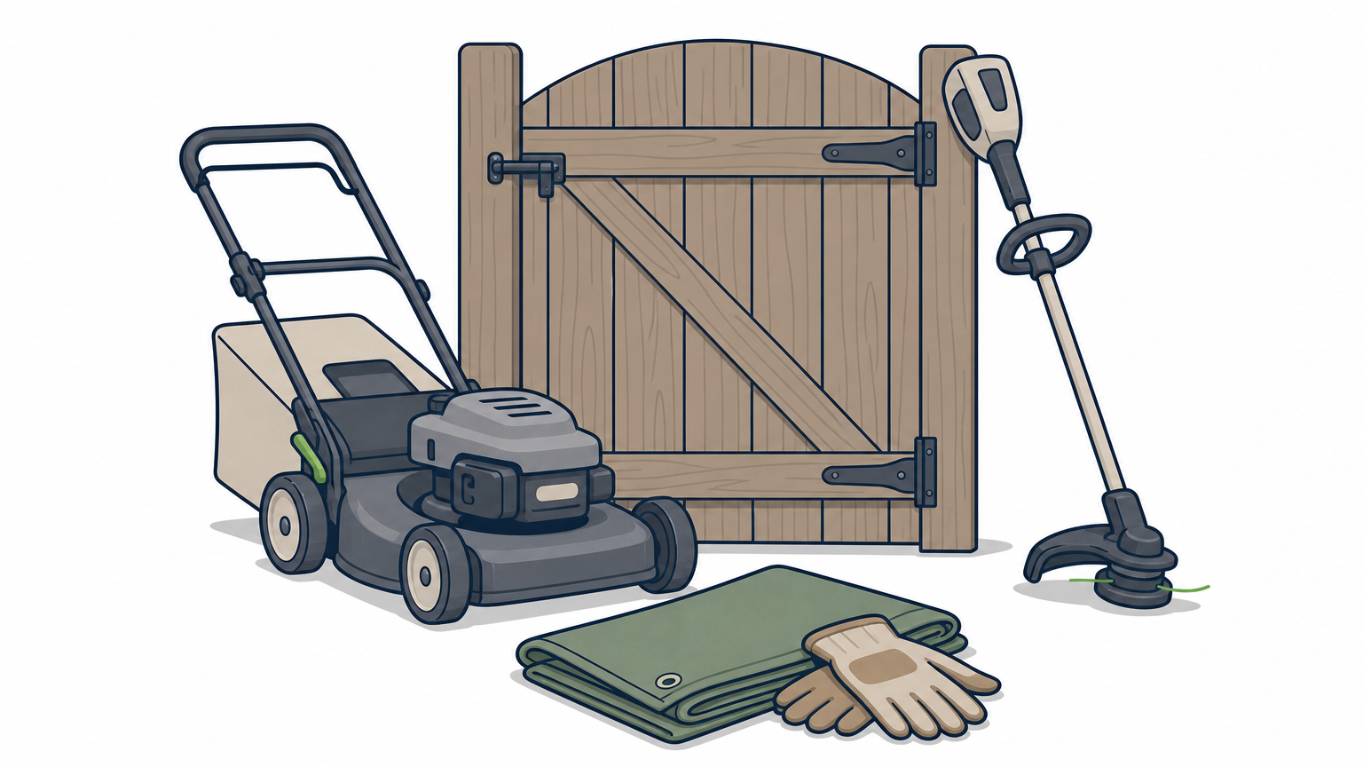 A push mower and string trimmer leaning against a gate beside a freshly cut lawn strip.