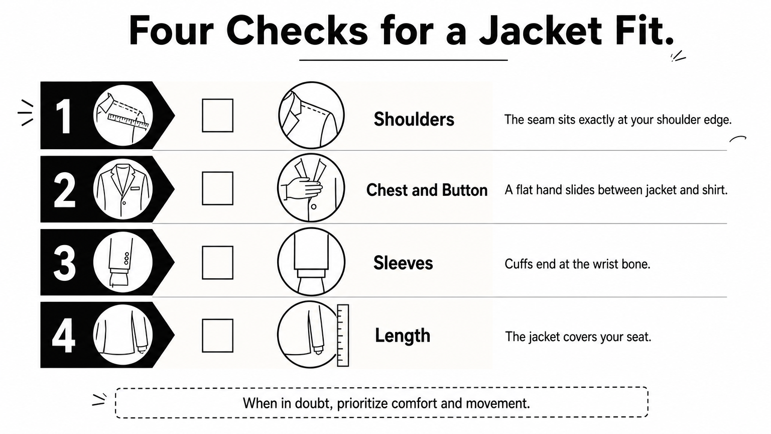 A checklist infographic with four numbered fit checks for shoulders, chest and button, sleeves, and length.