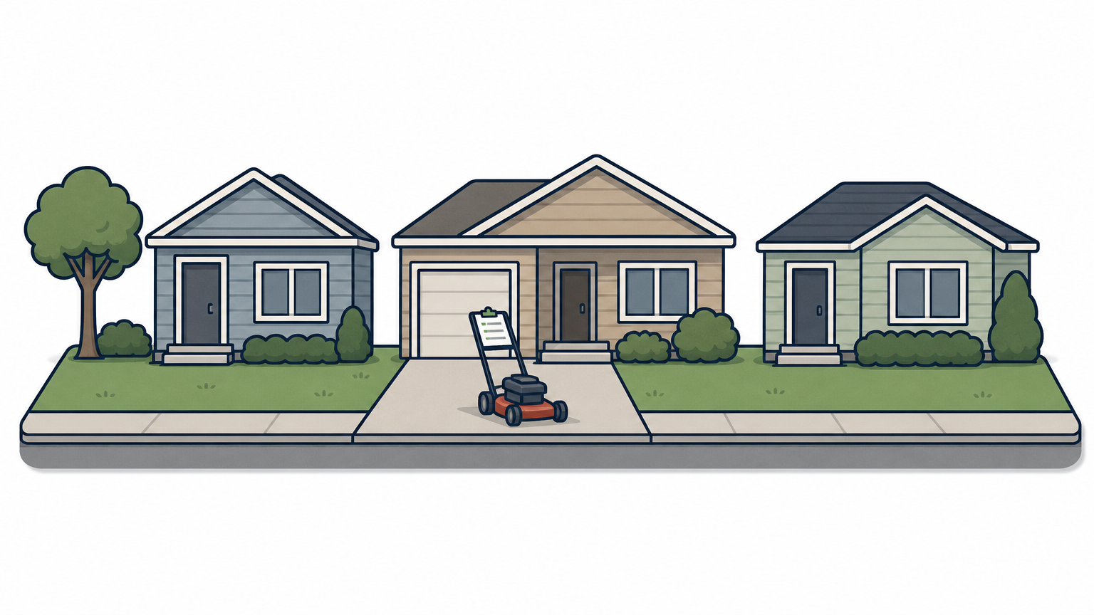 Three neighboring houses on one street, with a mower parked on the middle driveway.