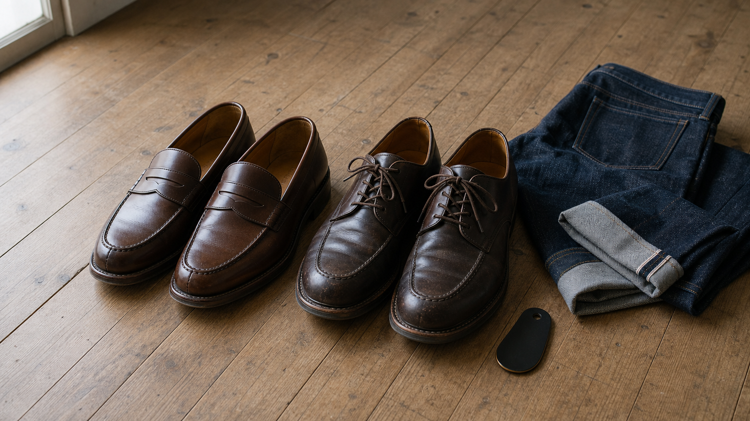 A pair of loafers and a pair of derby shoes sit side by side on a bare floor beside a jeans cuff.