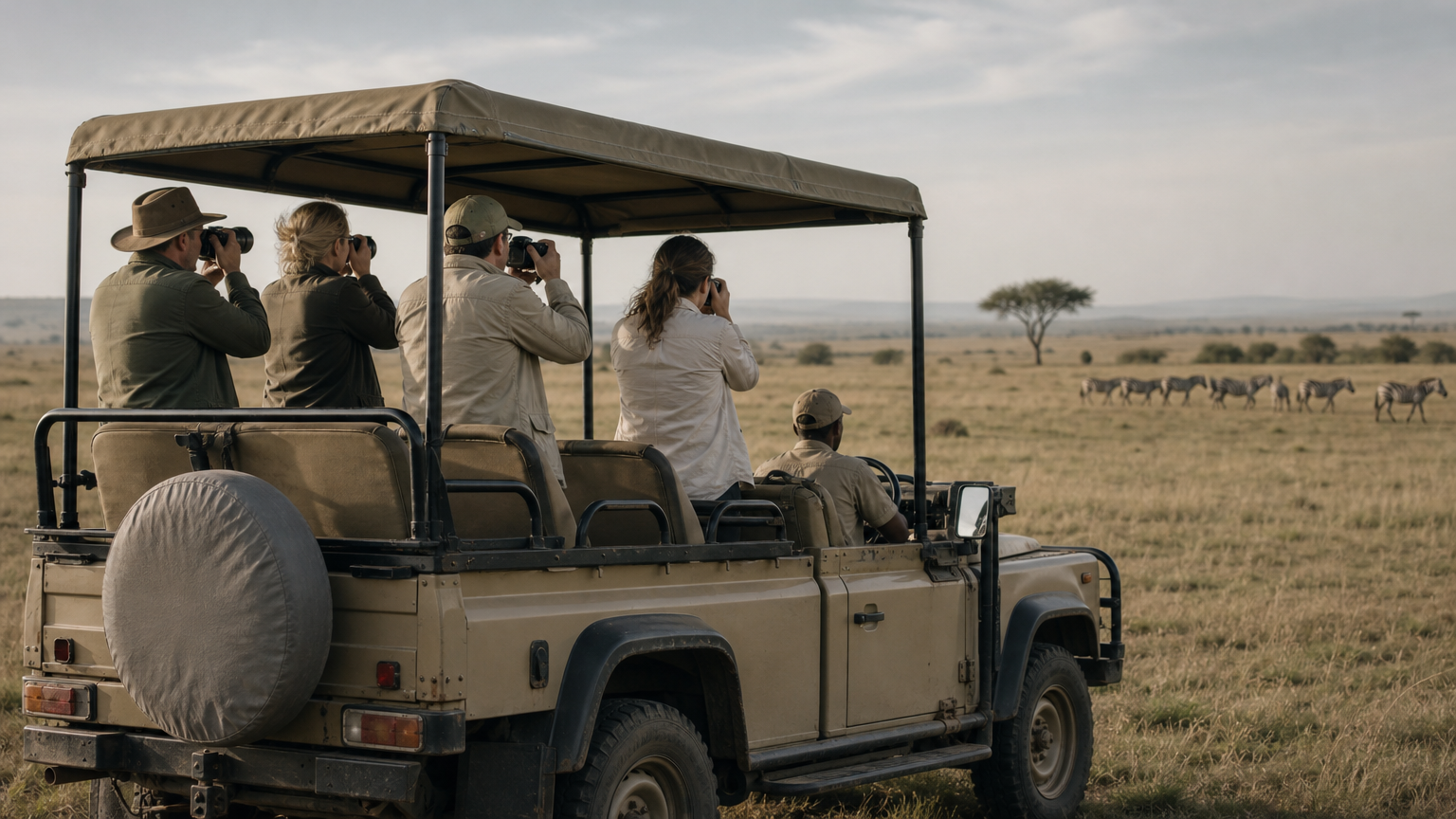 Several travelers stand in an open-roof safari vehicle, photographing zebras grazing on grassland in the distance.