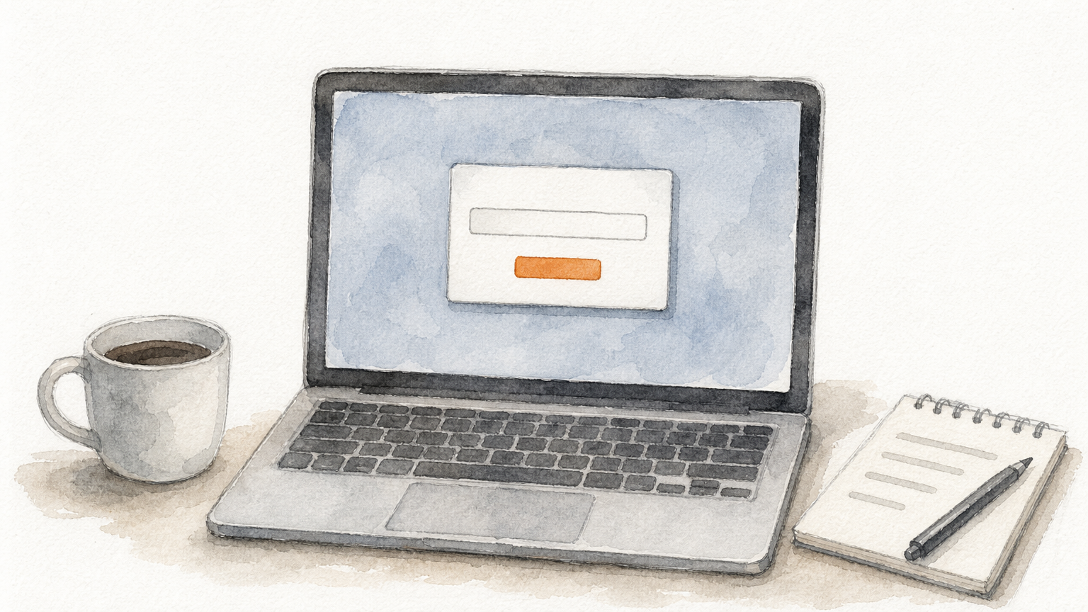 A laptop on a desk displays a pop-up window with an email field and a button, beside a coffee cup.