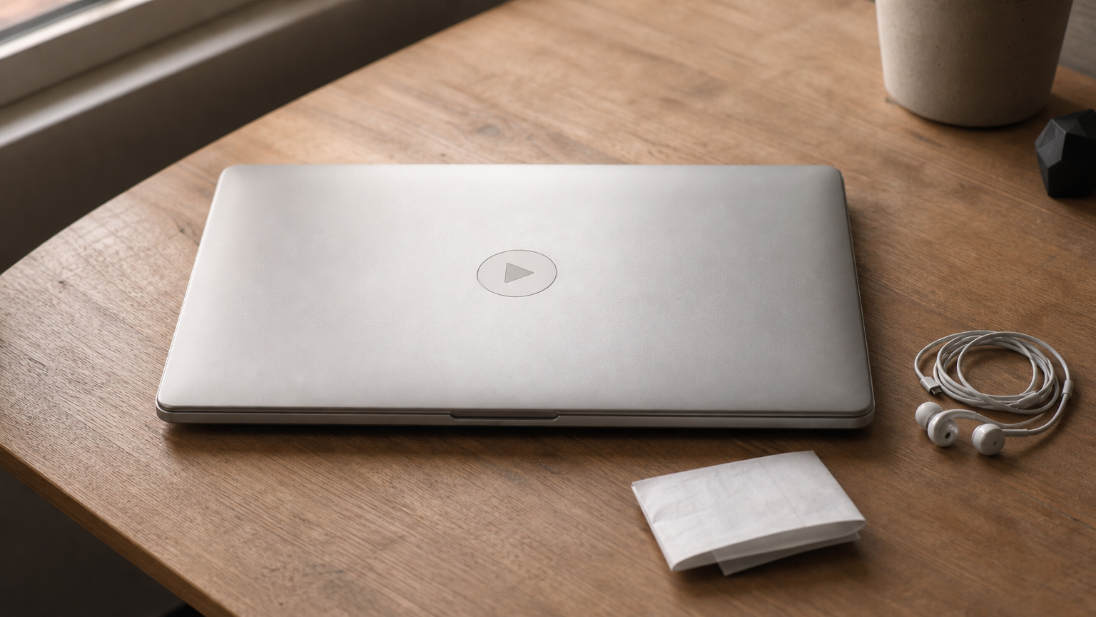 A closed laptop with a play button, earbuds, and a folded receipt sit side by side on a desk.